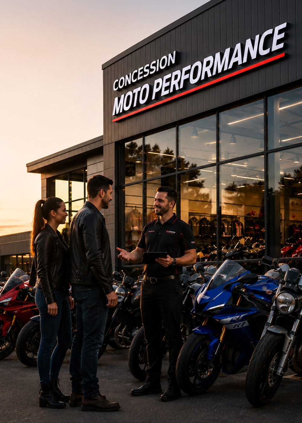 Représentante d'un concessionnaire présentant une moto à un client